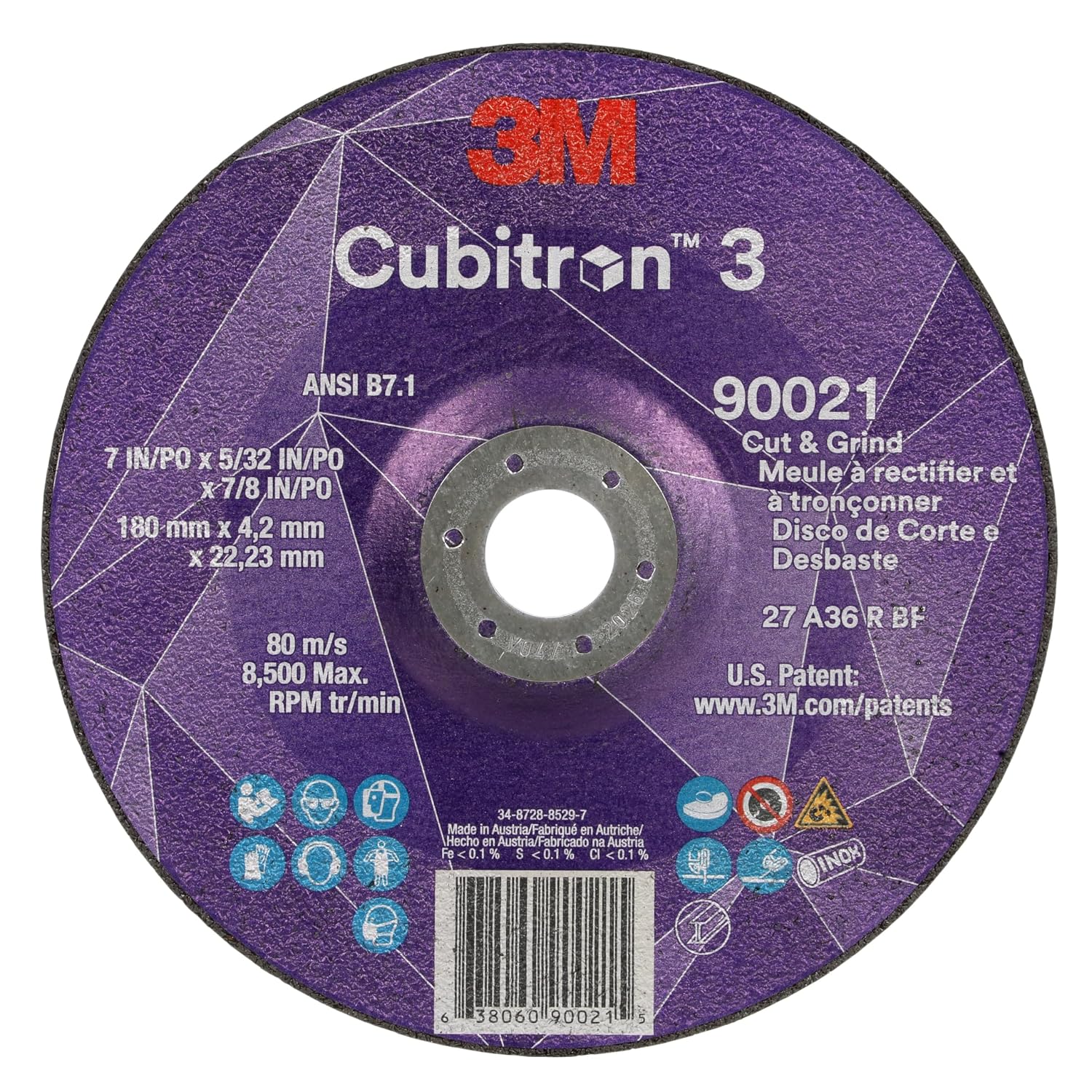 3M Cubitron 3 Cut and Grind Wheel, 90021, 36+, T27, 7 in x 5/32 in x 7/8 in, Pack of 10, ANSI, Longer Life, Faster Cut, Back-Gouging, Fillet Weld Removal, Cutting, Grinding