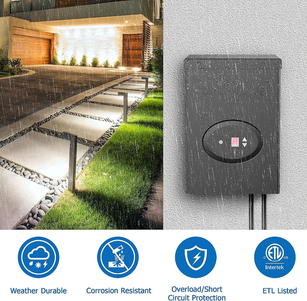 SUNVIE 10 Pack 12W Low Voltage Landscape Lights LED Landscape Lighting AC/DC 12V-24V Outdoor Spotlight, 200W Low Voltage Transformer Waterproof Landscape Lighting Transformer with Timer and Photocell