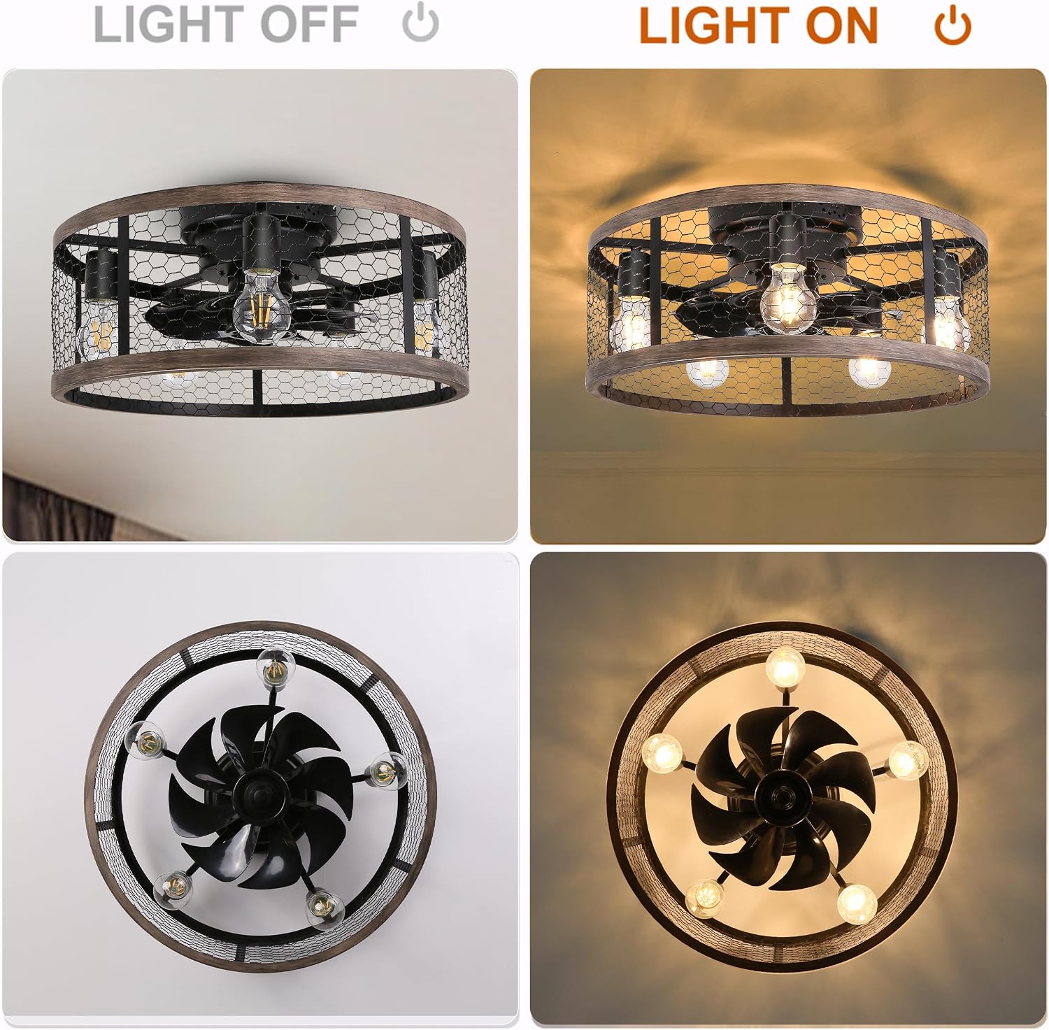 Ohniyou 20'' Flush Mount Caged Ceiling Fan with Lights Remote Control, Farmhouse Rustic Low Profile Small Vintage Enclosed Ceiling Fan Lighting Fixture Bedroom Dining Room