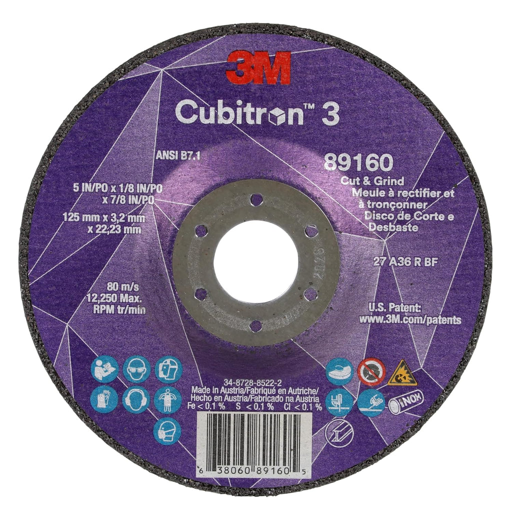 3M Cubitron 3 Cut and Grind Wheel, 89160, 36+, T27, 5 in x 1/8 in x 7/8 in, Pack of 10, ANSI, Longer Life, Faster Cut, Back-Gouging, Fillet Weld Removal, Cutting, Grinding