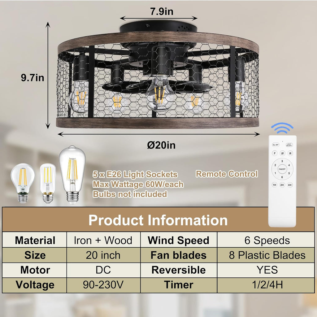 Ohniyou 20'' Flush Mount Caged Ceiling Fan with Lights Remote Control, Farmhouse Rustic Low Profile Small Vintage Enclosed Ceiling Fan Lighting Fixture Bedroom Dining Room