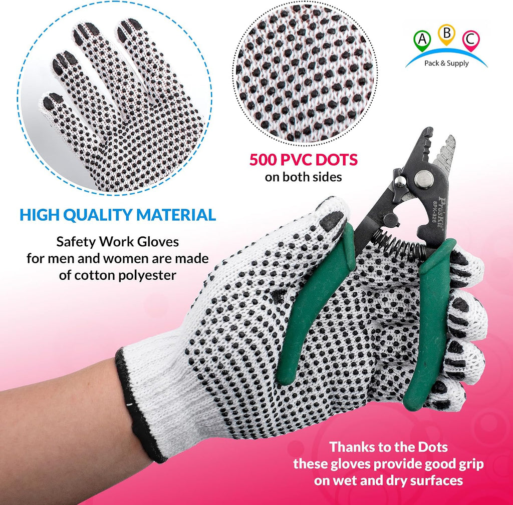 ABC PACK & SUPPLY Double Side PVC Dotted Work Gloves, Poly Cotton with Grip Dots on Both Sides, General Purpose Gloves