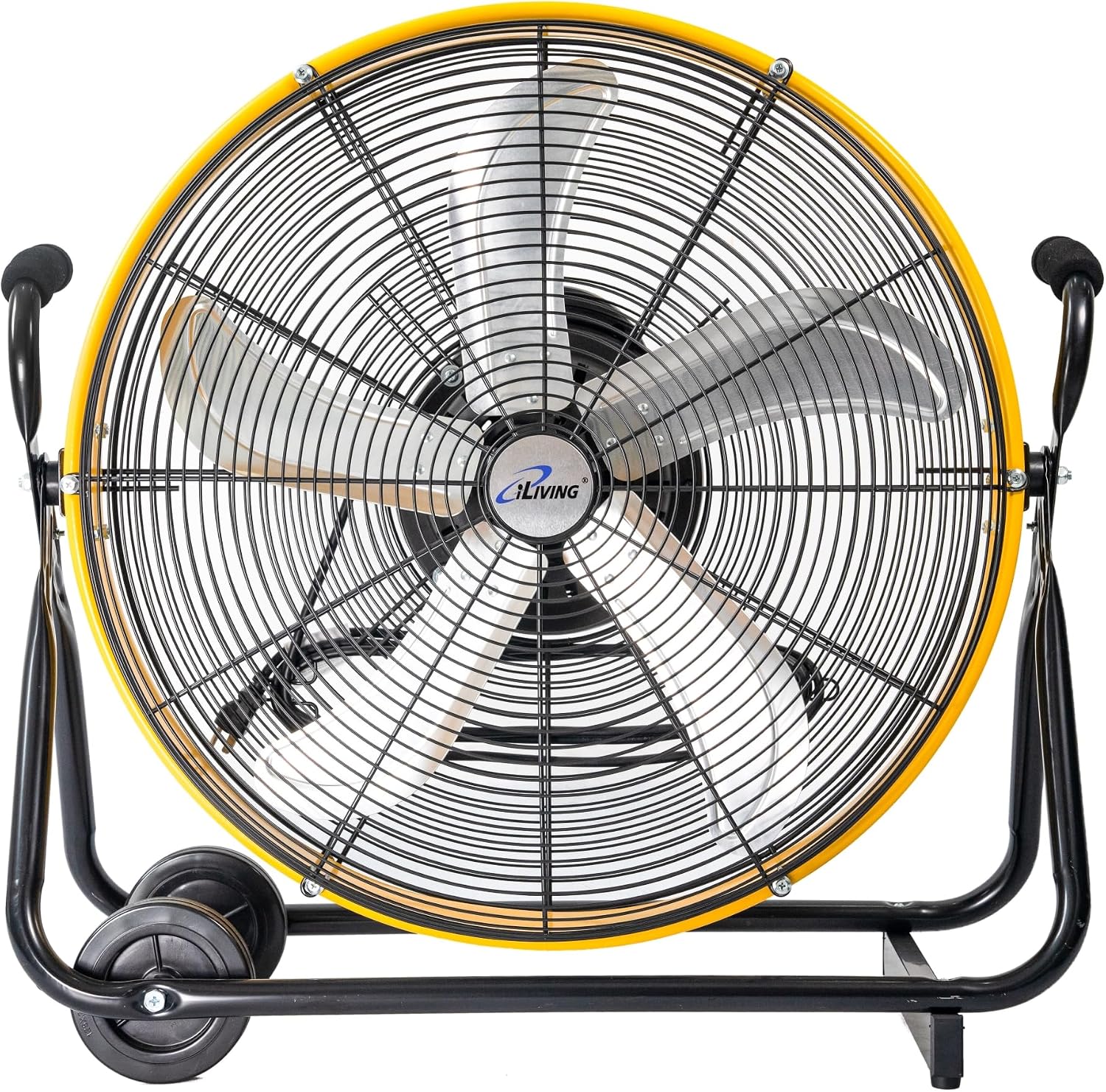 iLiving 24 Inch 3-Speed Orbital Internal Oscillating High Velocity Barrel Floor Fan for Office, Auto Shop, Garage, Workshop, Warehouse, 7800 CFM, Yellow