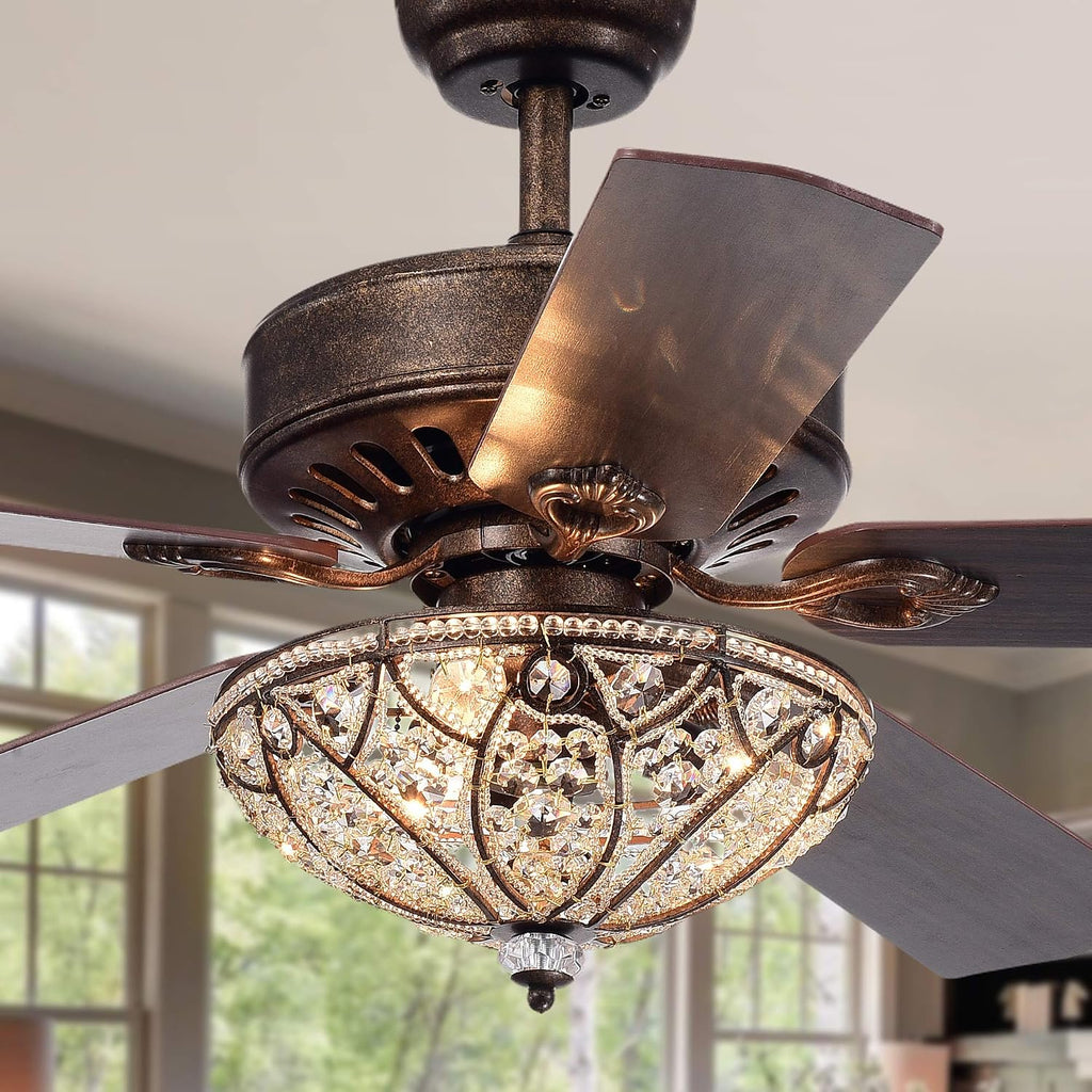 Gliska 52-Inch 5-Blade Rustic Bronze Lighted Ceiling Fans with Crystal Bowl Shade (Remote Controlled)