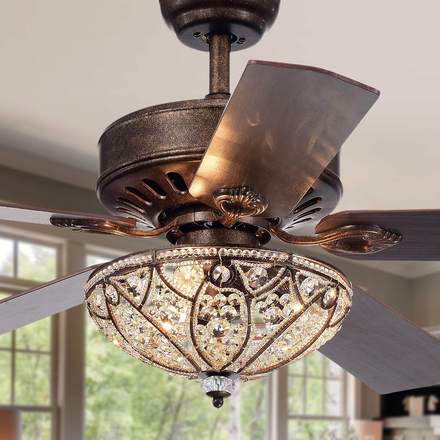 Gliska 52-Inch 5-Blade Rustic Bronze Lighted Ceiling Fans with Crystal Bowl Shade (Remote Controlled)