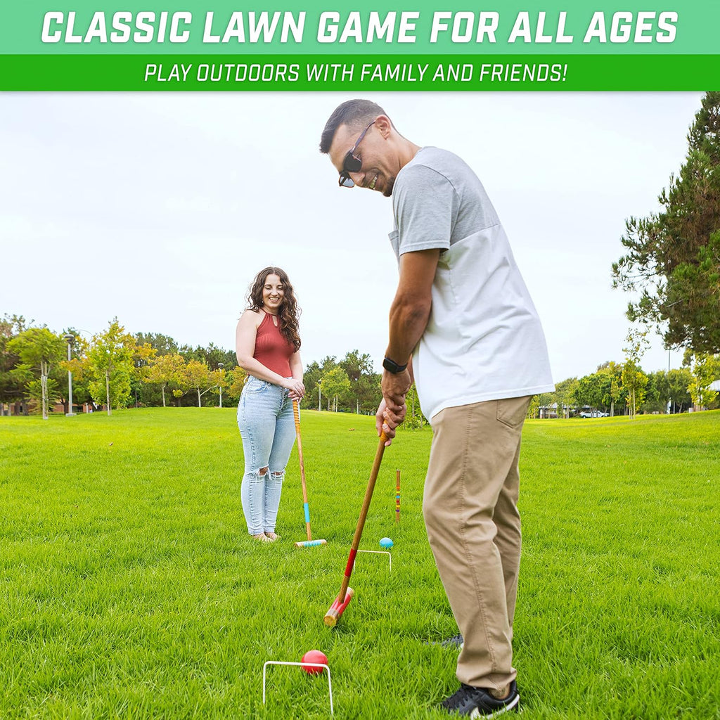 GoSports Premium Wood Stained Six Player Croquet Set with Handcrafted Wooden Stand