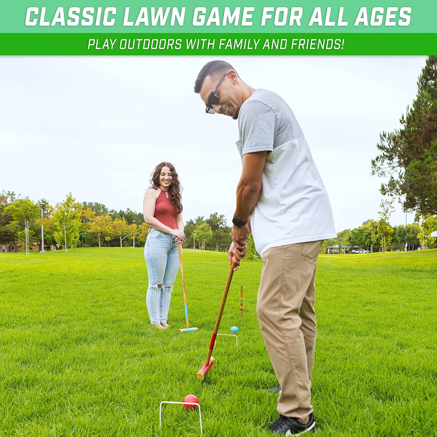 GoSports Premium Wood Stained Six Player Croquet Set with Handcrafted Wooden Stand