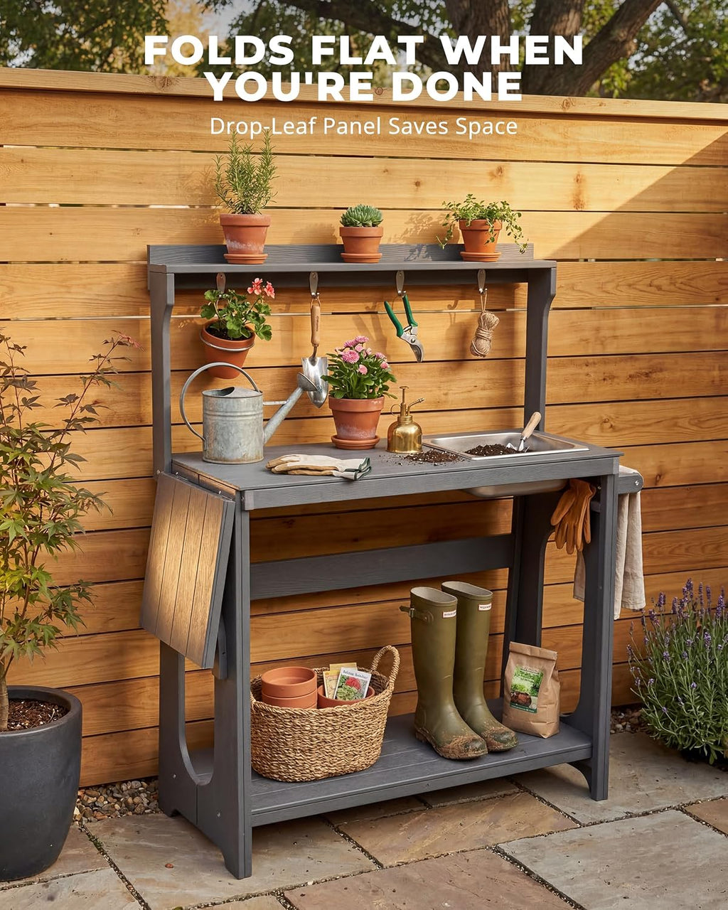 Outdoor Potting Bench Table with Removable Sink, Heavy Duty, Gray | All-weather HIPS, sleek gray finish, fold-out 51.8 in worktop, 7 tool hooks, storage shelves, 240 lb load, no rot or sealing