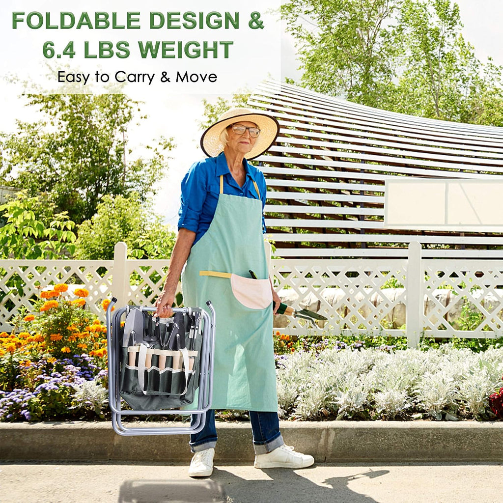 9 Pieces Garden Tools Set with Folding Chair, Stainless Steel Heavy Duty Hand Tool w/Organizer Tote Bag, Wooden Handle & Gloves - Gardening Gifts for Men Women