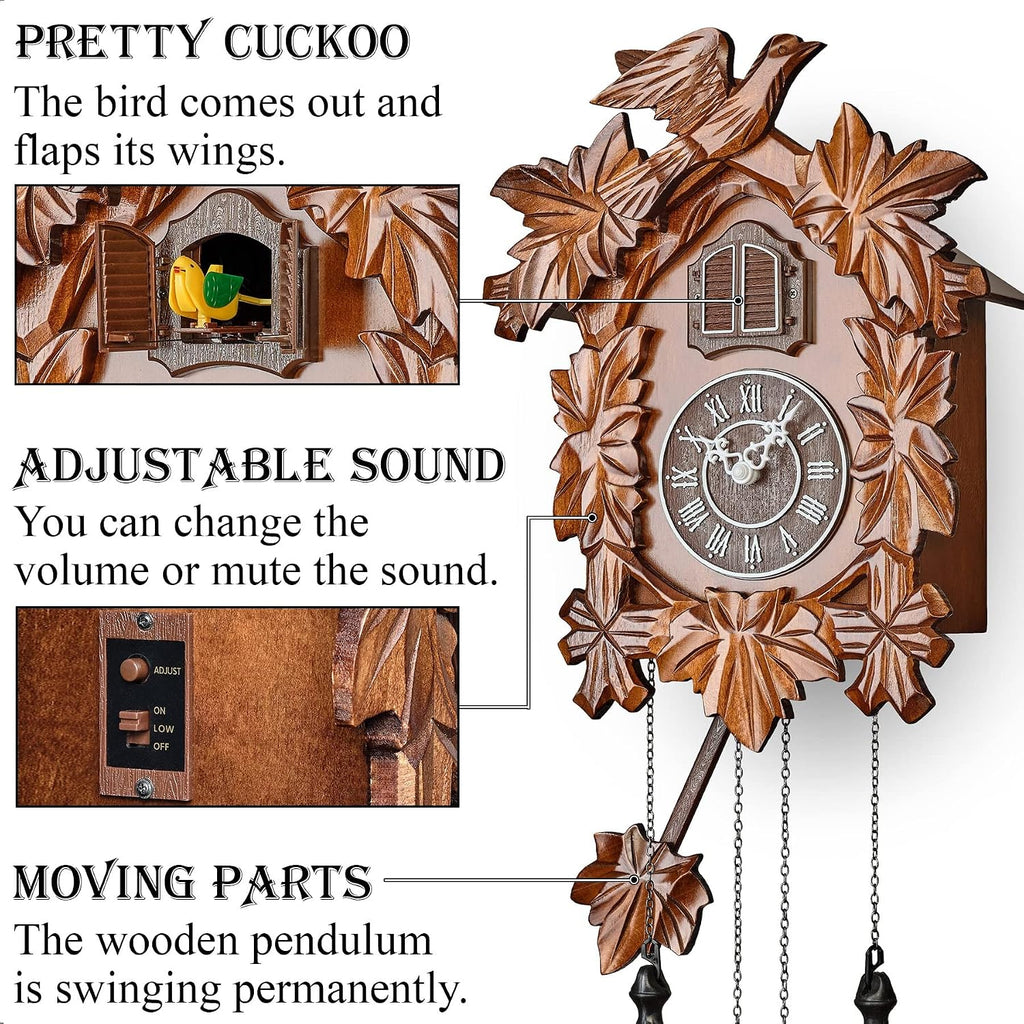 TIMEGEAR Cuckoo Clock with Night Mode, Hand Carved Decorations and Swinging Pendulum (Brown)