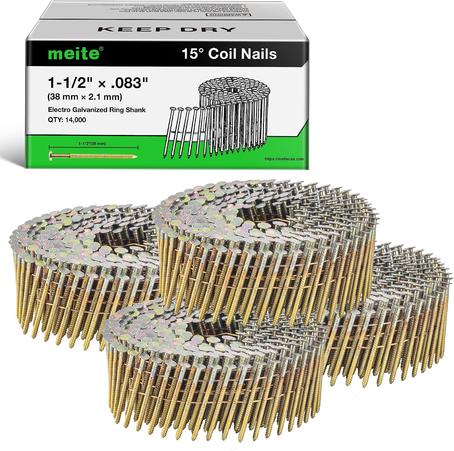 meite Siding Nails 15 Degree Coil Nails 1-1/2 Inch × .083 Inch Ring Shank Wire Collated Nails 14,000PCS, Electro-Galvanized Full Round Head Siding Nails for Coil Nailer Sheathing Decking Fencing