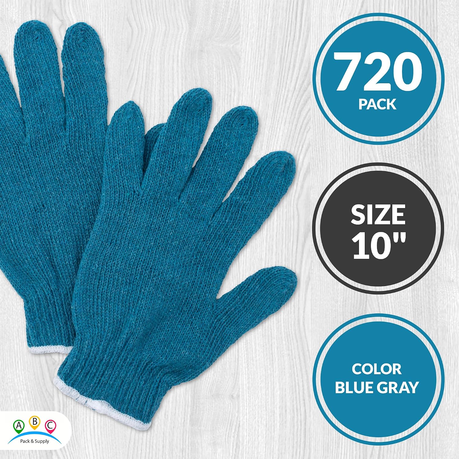 String Knit Work Gloves, Cotton Polyester Blend, Blue Gray 10 Inch, Reusable Knit Gloves for Gardening and Work