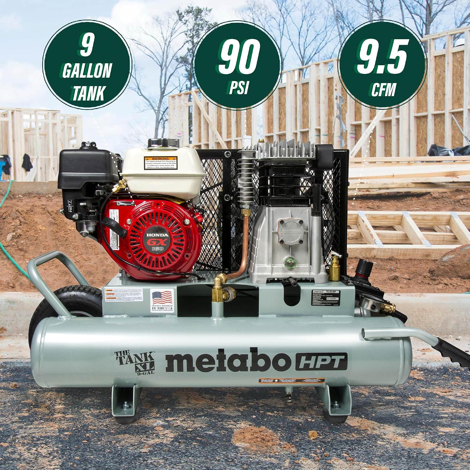 Metabo HPT Air Compressor, THE TANK XL, 9-Gallon Gas Wheelbarrow Compressor, Honda GX 200 Engine, Versatile for Use with Framing, Roofing Nailers, or Siding, Assembled in the USA, EC2610EA