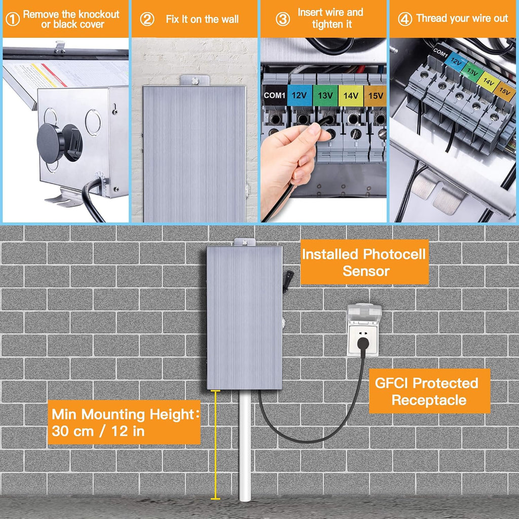 Gardenreet 150W Low Voltage Landscape Lights Transformer - ETL Listed IP65 Multi-Tap (120V AC to 12V-13V-14V-15V AC) with Mechanical Timer, Stainless Steel Shield for Outdoor Spotlight, Pathway Light