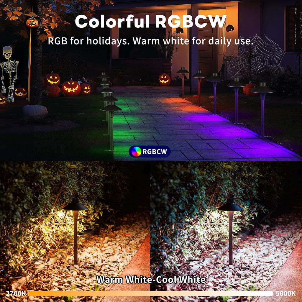 Smart RGBCW Landscape Path Lights, 12V App Color Changing Pathway Light Wired Waterproof with Timer, Hat Shape Low Voltage LED Outdoor Pathlight Aluminum 5W ORB for Sideway Step (8 Pack)