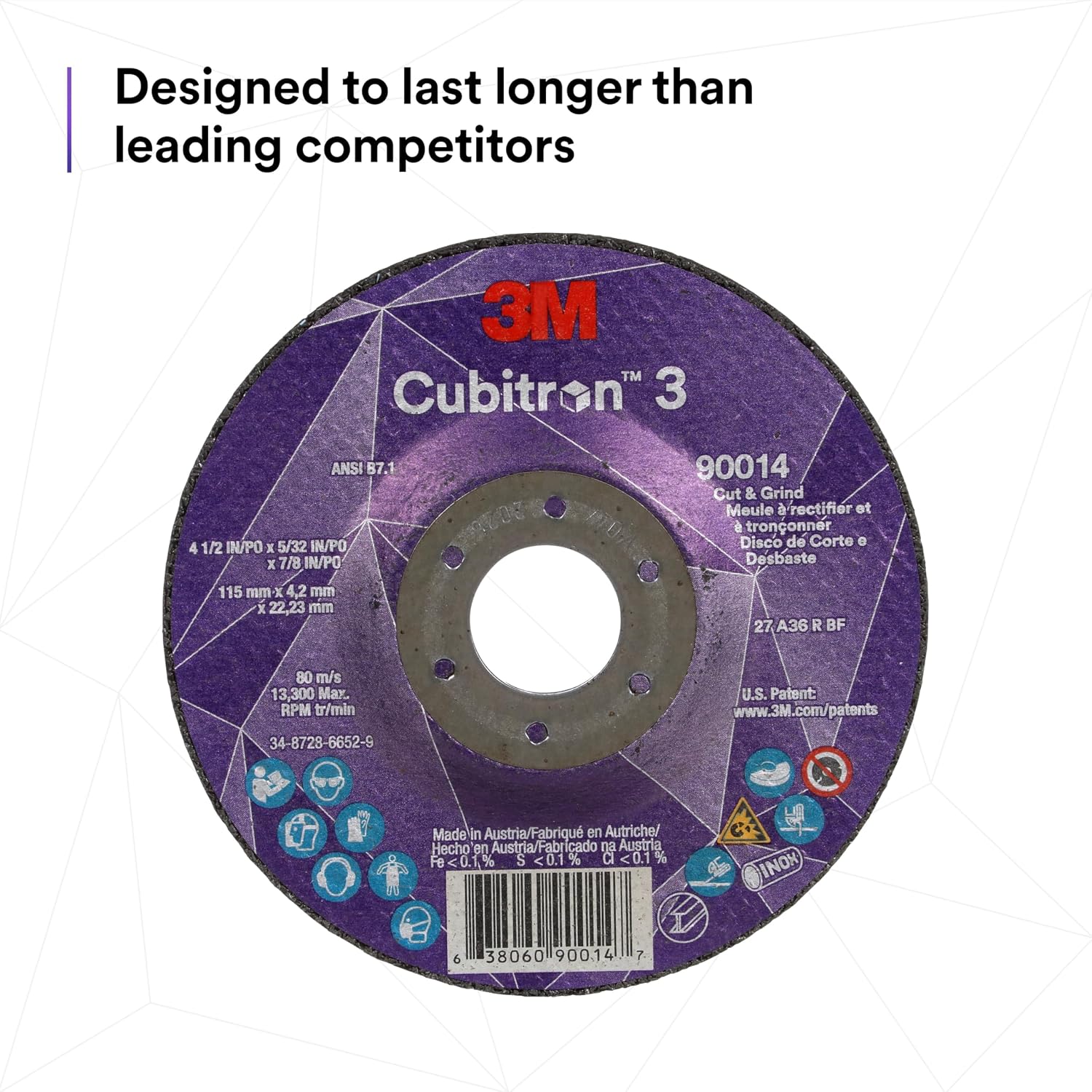 3M Cubitron 3 Cut and Grind Wheel, 88990, 36+, T27, 5 in x 1/8 in x 5/8 in-11, Pack of 10, ANSI, Longer Life, Faster Cut, Back-Gouging, Fillet Weld Removal, Cutting, Grinding