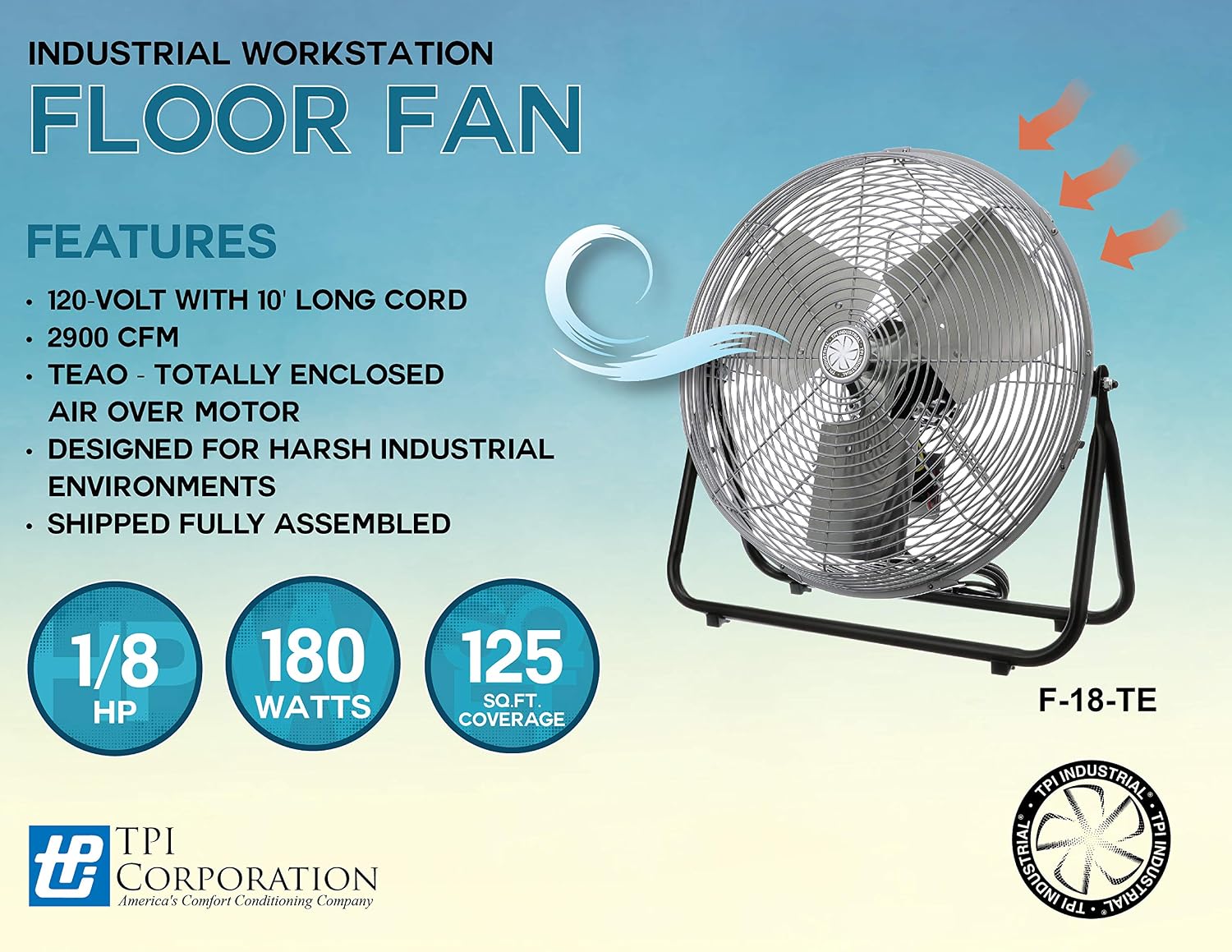 TPI Corporation F18-TE 18' Heavy Duty Floor Fan — 3 Speed Industrial Workstation Shop Fan — Commercial Grade Air Circulation Fan — 120v Single Phase