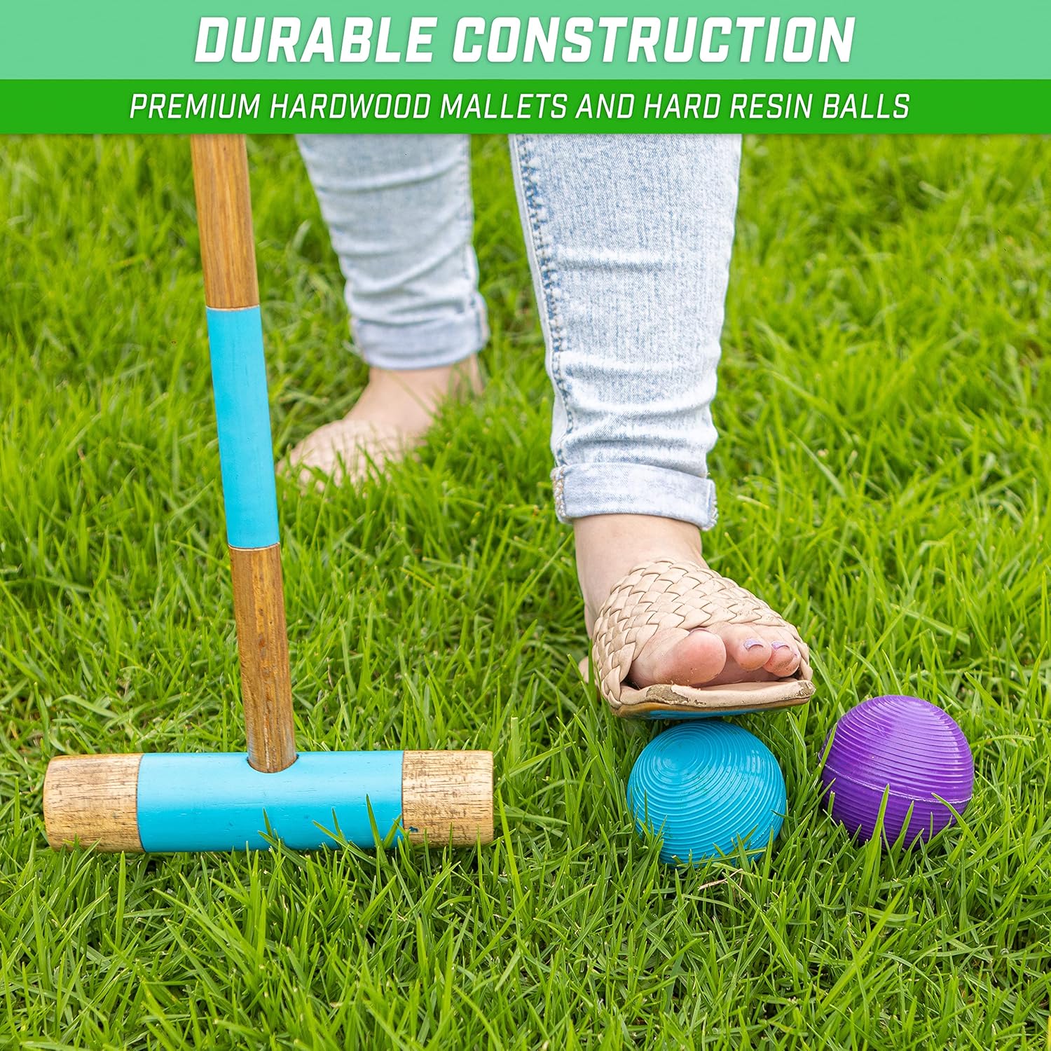 GoSports Premium Wood Stained Six Player Croquet Set with Handcrafted Wooden Stand