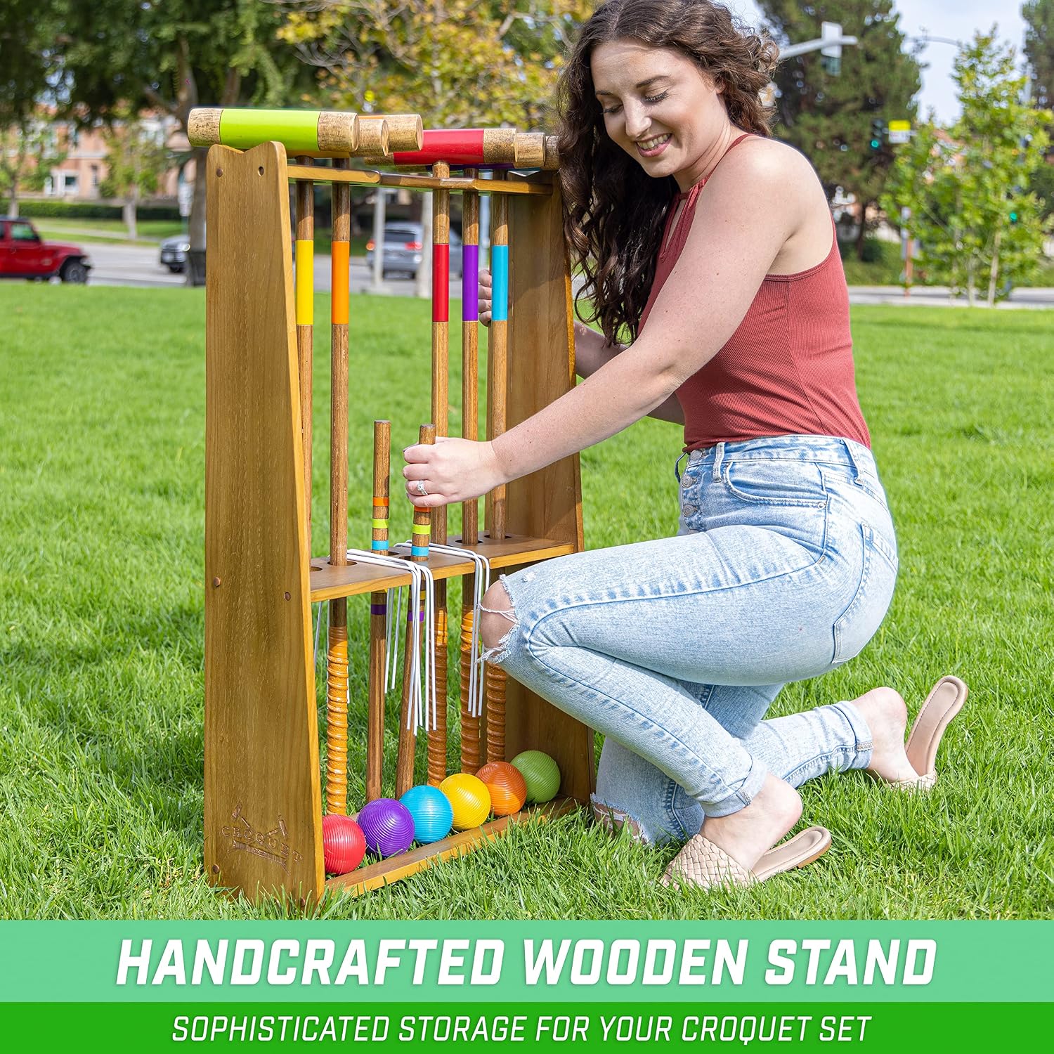 GoSports Premium Wood Stained Six Player Croquet Set with Handcrafted Wooden Stand